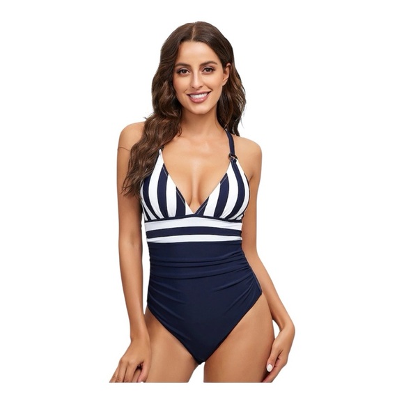 Navy Stripe V Neck Ruching Tummy Control One-Piece Swimsuit Size L NEW - Picture 1 of 16